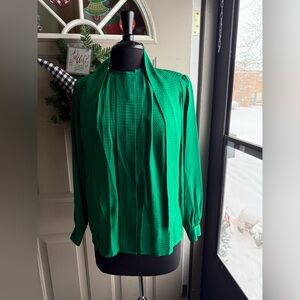 Vintage Oleg Cassini green silk necktie blouse; size 10